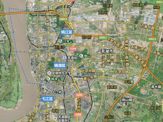 图中蓝色虚线围绕的范围为芜湖城中区域(镜湖区)